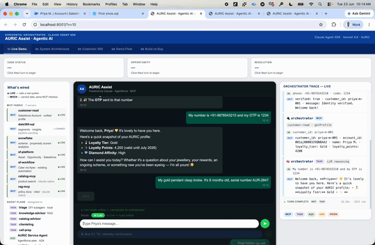Screen recording of the live demo: the customer conversation on the left, the orchestrator's step-by-step trace on the right, and the KPI cards flipping from cost to revenue as a broken-clasp complaint turns into a ₹53,500 booking.