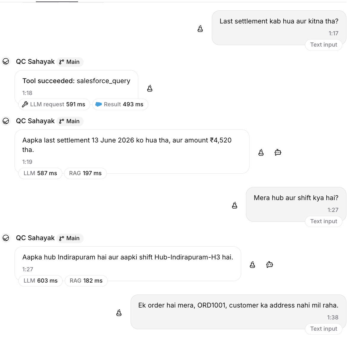 Transcript - salesforce_query tool succeeds, agent answers in Hinglish